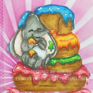 Coloured digital stamp Li'l Ellie's Donuts Li'l Bellyfulls from Colour of Love Close-up of the coloured digital stamp on the elephant birthday card. The stamp shows a happy elephant sitting on a pile of donuts, coloured with alcohol markers.