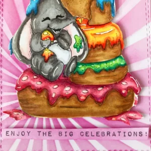 Enjoy the big celebrations Close-up of the bottom sentiment strip on the elephant birthday card, reading “Enjoy the big celebrations,” attached with foam tape for added dimension.