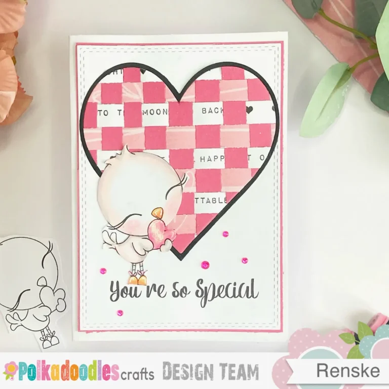 A top-down view of a DIY Valentine's Day card featuring a paper-woven heart, a "You're so special" sentiment, and a coloured love bird digital stamp.