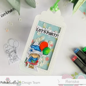 January Birthday shaker tag Polkadoodles (2) Handmade shaker tag in a different angle made for this shaker tag tutorial. Featuring a girl with two balloons.