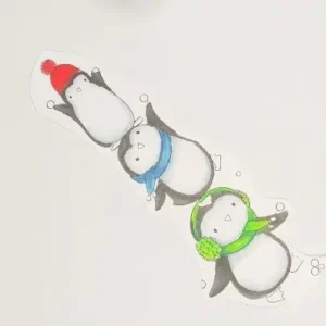 The coloured digital stamp Penguin fun Close-up of the coloured digital stamp 'Penguin Fun' from All Dressed Up Stamps, featuring three penguins stacked on top of each other, ready for a fun birthday celebration.
