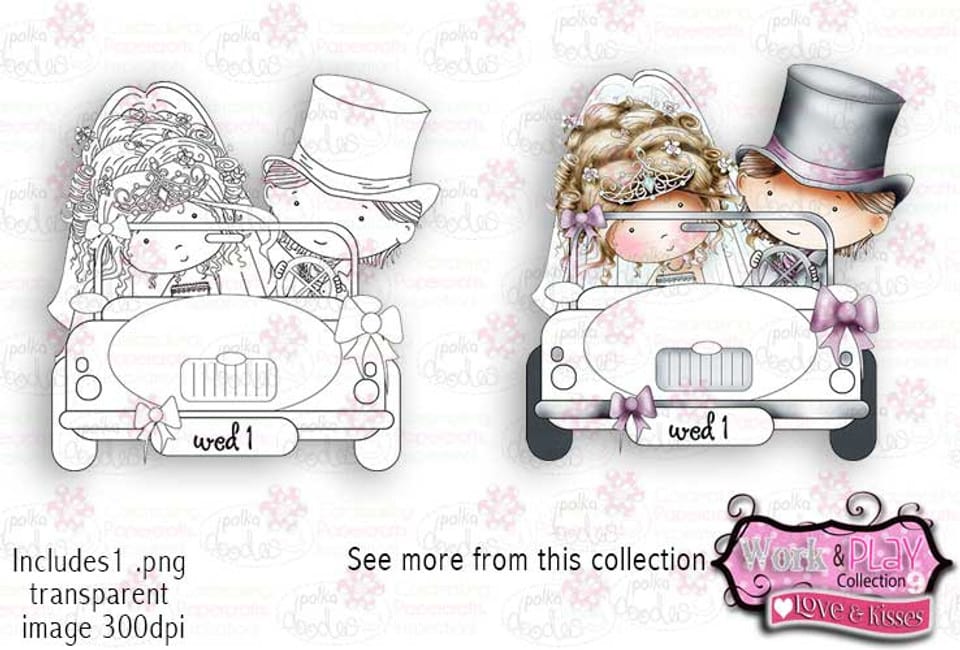 Wedding Card digital stamp Wedding Car digital stamp from Polkadoodles featuring newly weds in aa car.