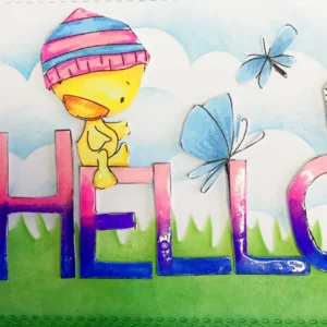 Close up first part of the digital stamp Hello Spring Close-up of the first section of the Hello Spring card’s digital stamp, highlighting the the Letters Hell and the duck sitting on the E. You can see the gradient letters with the blue. purple and pink colours.