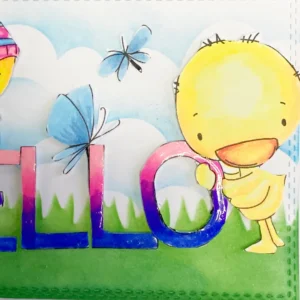Close up of the last part of the digital stamp Hello Spring Detailed close-up of the final section of the Hello Spring card’s digital stamp, focusing on the the letters LLO from the word Hello and the chick holding the O.