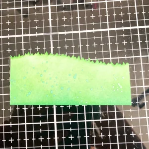 Ink blended piece of grass A close-up of the grass piece used in the handmade Mother's Day card. The grass is die-cut and coloured with Distress Inks, blending Mowed Lawn and Pine Needles for a natural gradient. Small water droplets add texture, mimicking the look of dew-covered grass.
