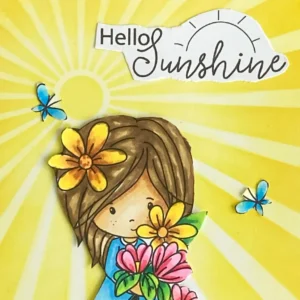 Close up Hello Sunshine sentiment Close-up of the sentiment “hello sunshine” on the handmade summer card. The text is printend in black ink and placed against the bright yellow sunburst background. The clean, simple font adds a cheerful touch to the overall design.