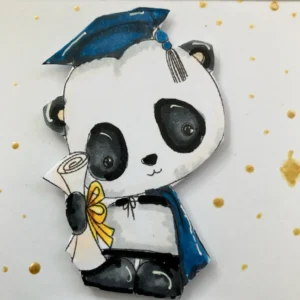 Close up Coloured Graduation Your Passed Digital stamp Polkadoodles Close-up of the coloured Graduation You Passed digital stamp by Polkadoodles, showing the panda in a blue cap and cape, with detailed gel pen highlights and soft shading.