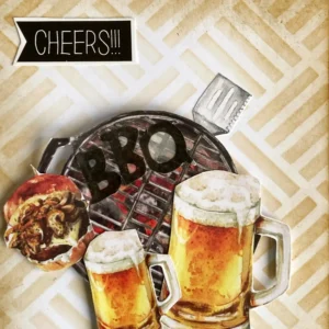 Close up die-cuts and sentiment cheers "Detailed view of the top-left corner of the card, highlighting the sticker sentiment 'cheers' placed near the layered die cuts. The rustic inked background and neutral tones make the sentiment stand out in this masculine card design.