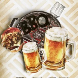 Close up fo the bbq and beer die-cuts Close-up of the focal point die cuts on the DIY masculine birthday card. A barbecue image takes center stage, layered with a spatula, beer glasses, and a hamburger. Foam tape is used for subtle elevation, giving the design a dynamic and sturdy feel.