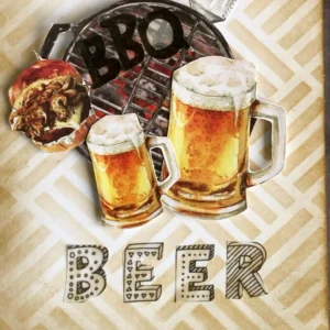 Close up of the die-cuts and the vellum word Beer "Zoomed-in photo showing the vellum letters forming the word 'BEER' beneath the barbecue die cut. The glue is neatly placed behind the printed areas to prevent visibility. The soft vellum texture adds contrast and a modern touch to the handmade beer card