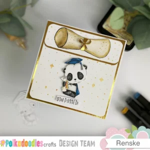 DIY Graduation card Polkadoodles (2) Angled photo of the DIY graduation card showing the 3D layers, gold shimmer background, scroll placement on the flap, and the sentiment “You Passed” beneath the panda.