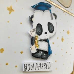 Dimension Graduation You Passed digital stmap Photo showing the dimensional layering behind the panda digital stamp on the DIY graduation card, with visible foam tape adding depth and texture to the layout.
