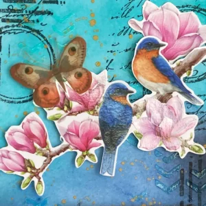 Close up of the birds and flowers "Close-up of a detailed paper die-cut from DecoTimeCrafts used in a mixed-media card with paper die-cuts, showing two birds on a branch with pink flowers and delicate leaves