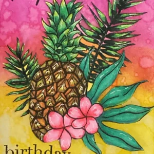 Close up of the coloured tropical summer clear stamp from Studiolight Close-up of a pineapple stamp coloured with alcohol markers, detailed with tropical flowers in bright shades, highlighting the smooth blending and fine outlines.