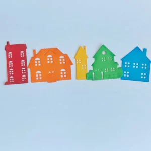 Housess with inked edges Close-up of die-cut houses with inked edges to add shading and depth for the new home card design.