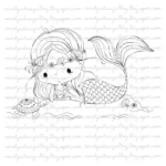 Splash Splash digital stamp from All Dressed Up Stamps, featuring a mermaid laying on her belly watching a turtle.