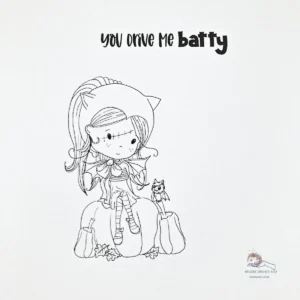 Printed digital stamp of Bat Girl sitting on a pumpkin with the sentiment "You drive me batty". This is the first step in how to make a Halloween card step-by-step tutorial.