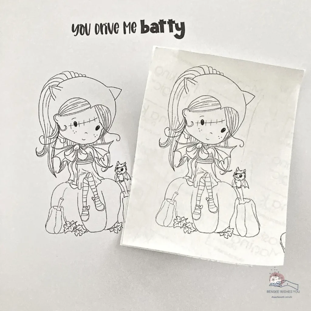 Digital stamp printed on both cardstock and masking paper, ready for cutting and layering in how to make a Halloween card step-by-step project.