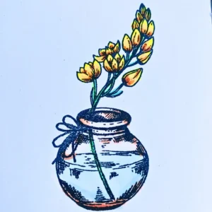 Coloured stamped vase image for an autumn thank you card, featuring yellow and soft orange flowers, green stems, a warm beige and sand-coloured vase, and subtle blue water accents, all coloured with Decotime alcohol markers.