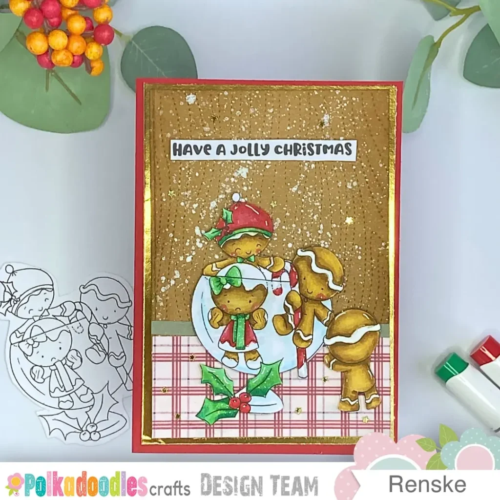 A gingerbread man Christmas card with a glass filled with playful gingerbread figures trying to escape using a curved candy cane. The card is coloured in traditional Christmas shades of red, green, and warm brown. A wood-grain background, gold frame, and small festive details complete the cosy scene.
