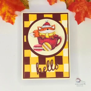 Paper Woven fox autumn card Finished autumn card featuring a woven paper background in warm yellow, burgundy, and cream tones