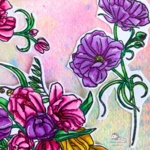 Close-up of layered flower bouquet on a spring card with flowers, coloured with alcohol markers and placed on a soft watercolour background