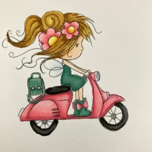 A close up of a Flower Fairy digi stamp coloured with Ohuhu alcohol markers in soft spring shades of pink and sage green.