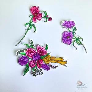 Stamped flowers coloured with Ohuhu alcohol markers and fussy cut with a narrow white border ready for card assembly