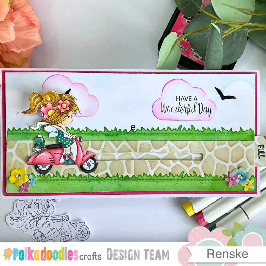 A finished handmade interactive slimline card featuring a Flower Fairy digi stamp moving across a spring scene with clouds and grass.