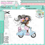 Pre‑colored illustration of a fairy girl riding a blue scooter with a pink backpack; digital crafting image from the Winnie Daisy collection.