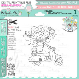 Black-and-white line drawing of a cheerful girl riding a scooter with a small animal sitting behind her; digital printable craft image from PolkaDoodles