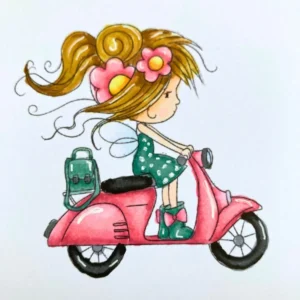 Detailed view of a coloured digi stamp with white gel pen highlights on the hair and scooter to add depth and life.