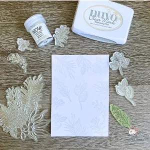 White cardstock with clear embossed leaf motifs next to a Nuvo embossing pad and the leaf stamps used on this background.