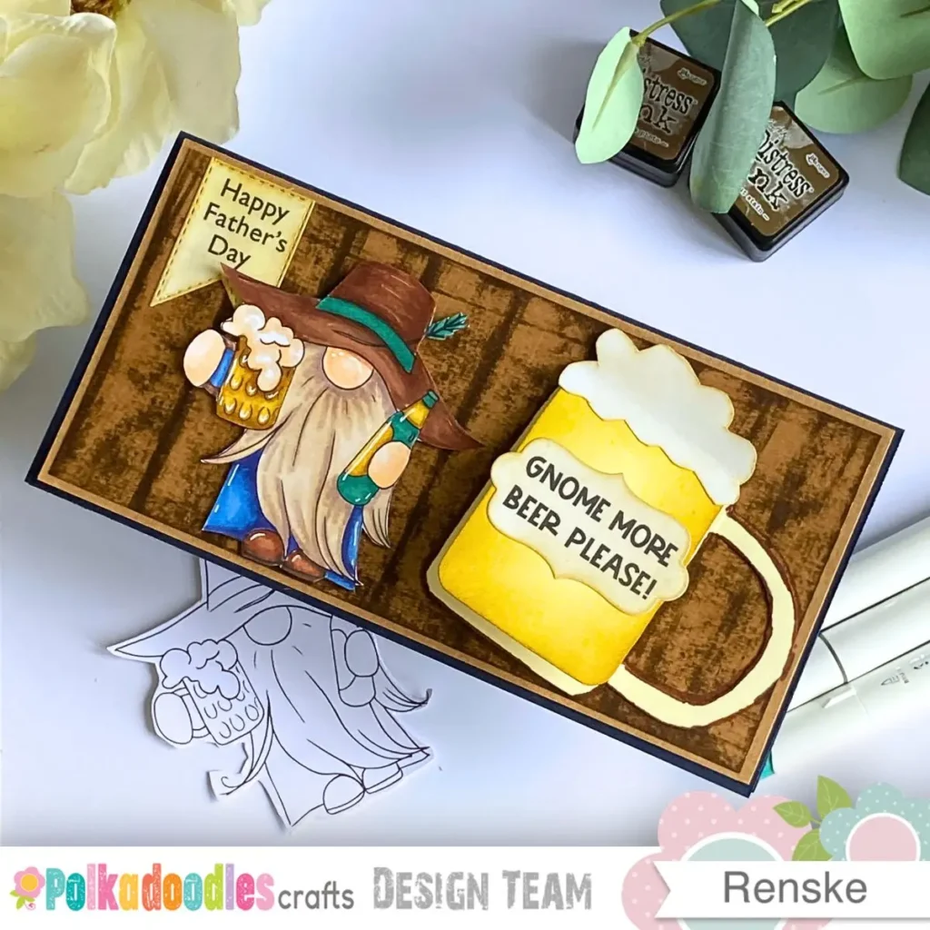 A finished handmade Father’s Day card featuring a whimsical gnome and a rustic woodgrain background. This image shows the final result of the flap card tutorial with all the elements in place.