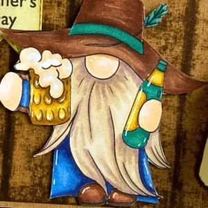 close up of the beer gnome digital stamp A detailed view of gnome colouring using warm alcohol markers for the textured beard and denim coat. This character is the main focal point for our pub themed card project.