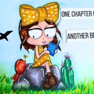 A close up detail of the coloured digital stamp showing soft marker blending on the yellow dress. A small warm red robin sits on the stone next to the girl.